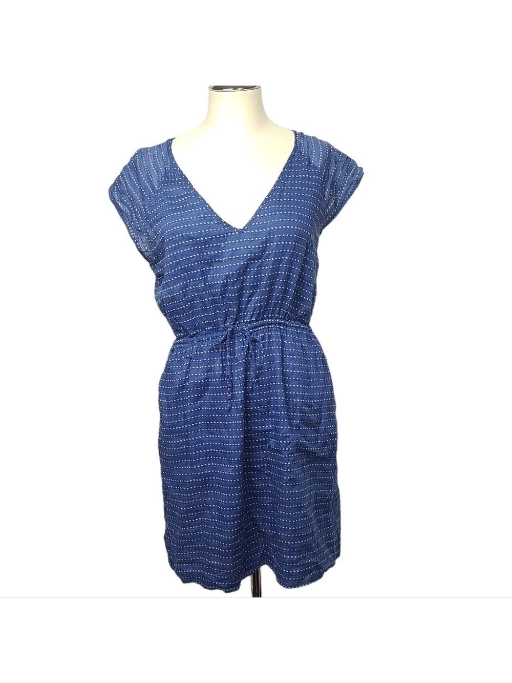 J. Crew V Neck Short Sleeve Blue White Waist Drawstrings Cotton Dress XS